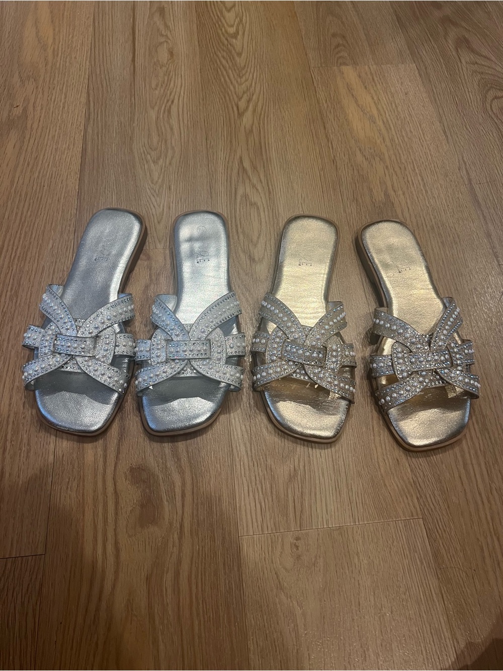 SHEIN Crystal-Embellished Slip-On Sandals in Silver and Gold